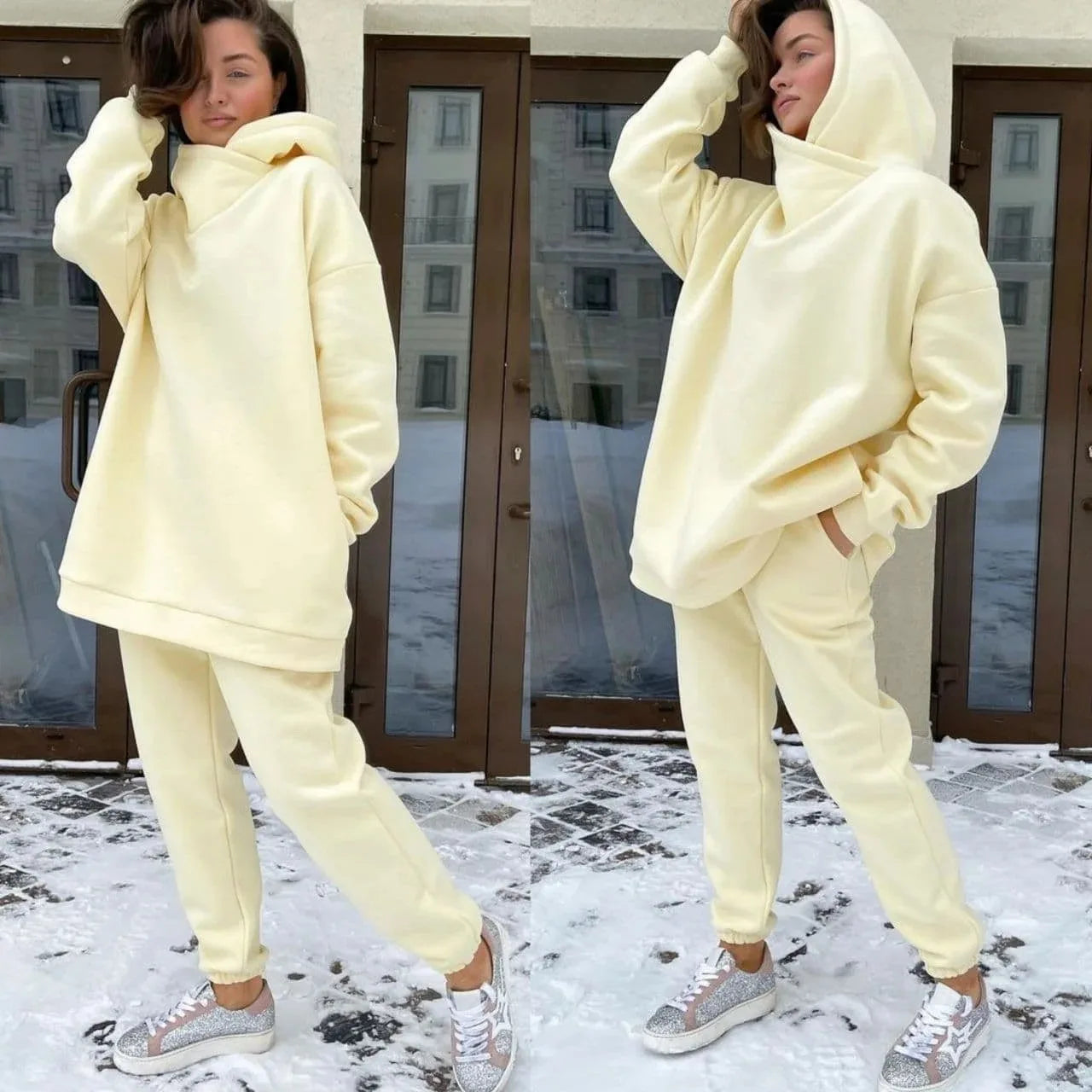 NONECN Winter Women Tracksuit Two Piece Set Hooded Sweatpants