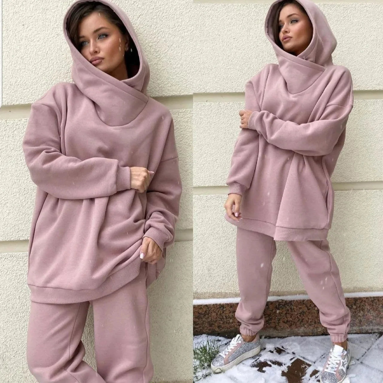 NONECN Winter Women Tracksuit Two Piece Hoodie Set Sweatpants