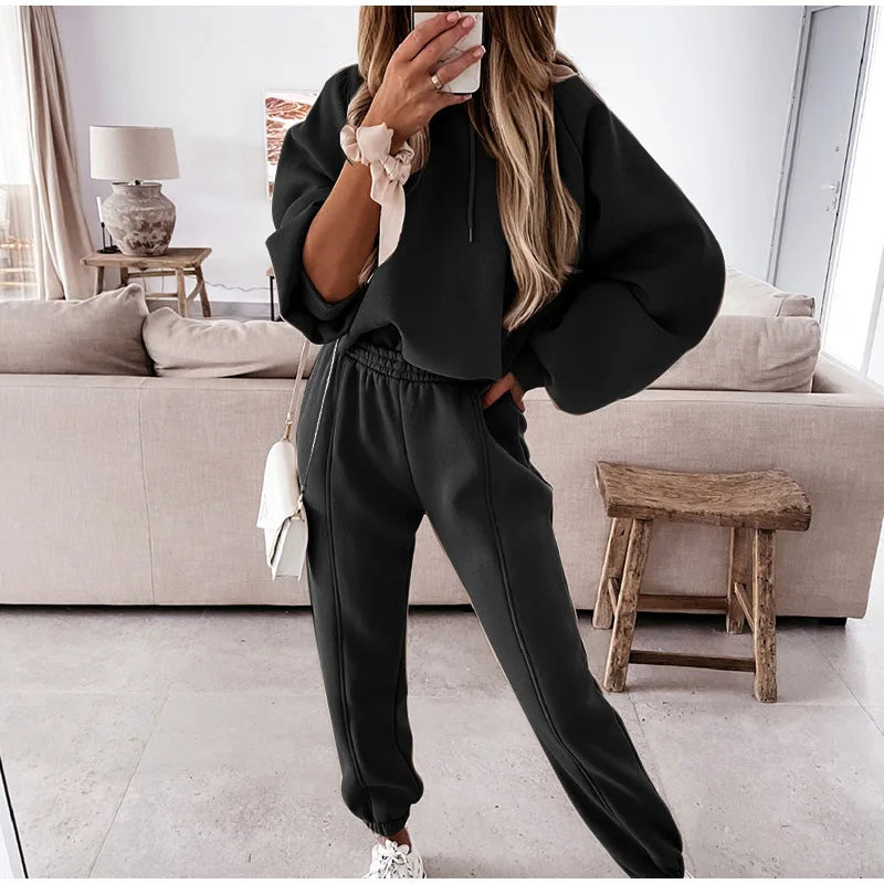 None Womens Knit Thermal Hoodies Tracksuit Set for Sport