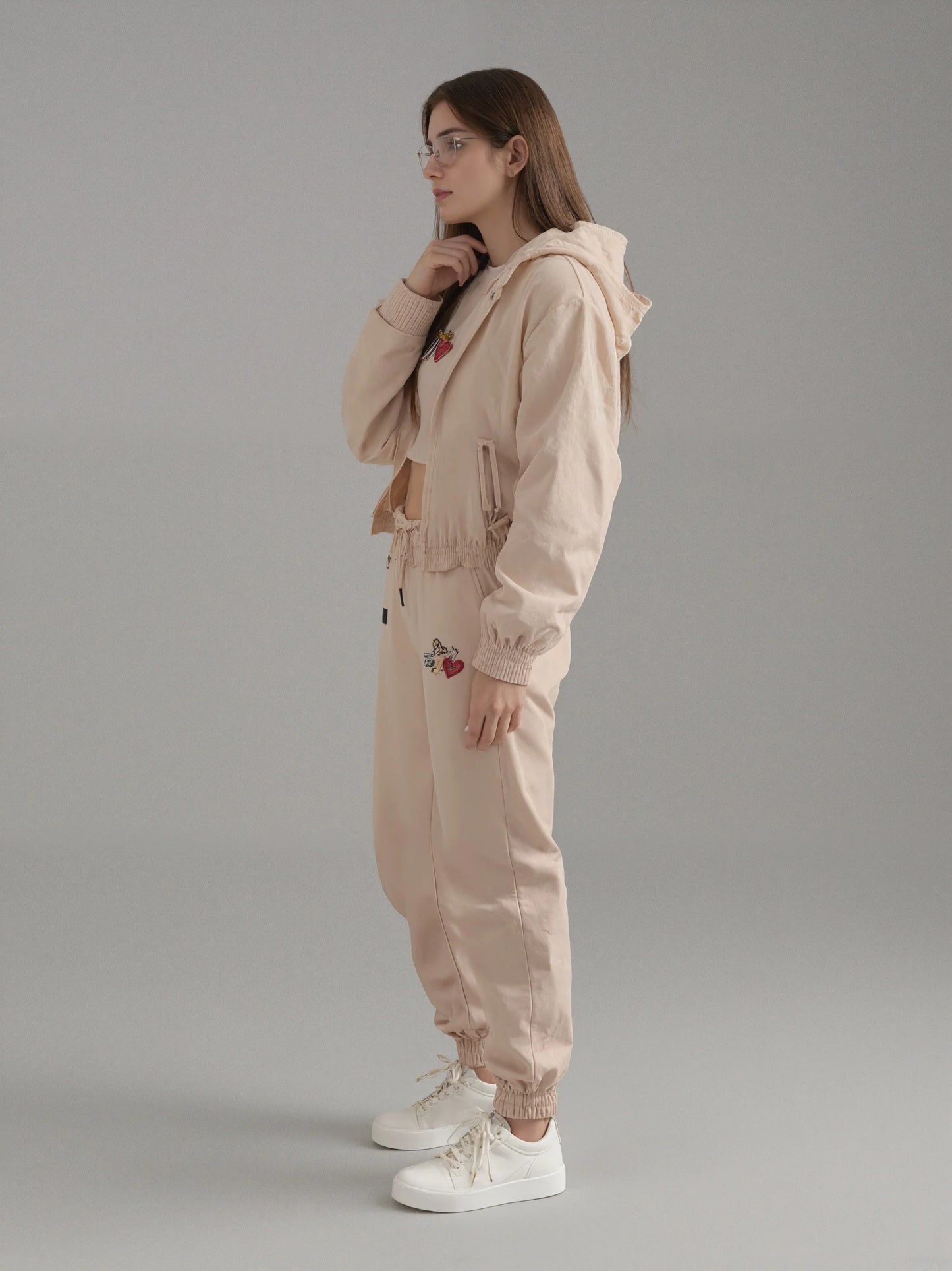 NONECN Cute Heart Pattern Sportswear Set Hoodie And Joggers