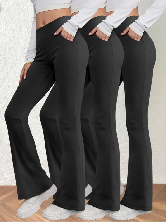 Generic Womens Solid Flare Leg Pants Set With Pockets