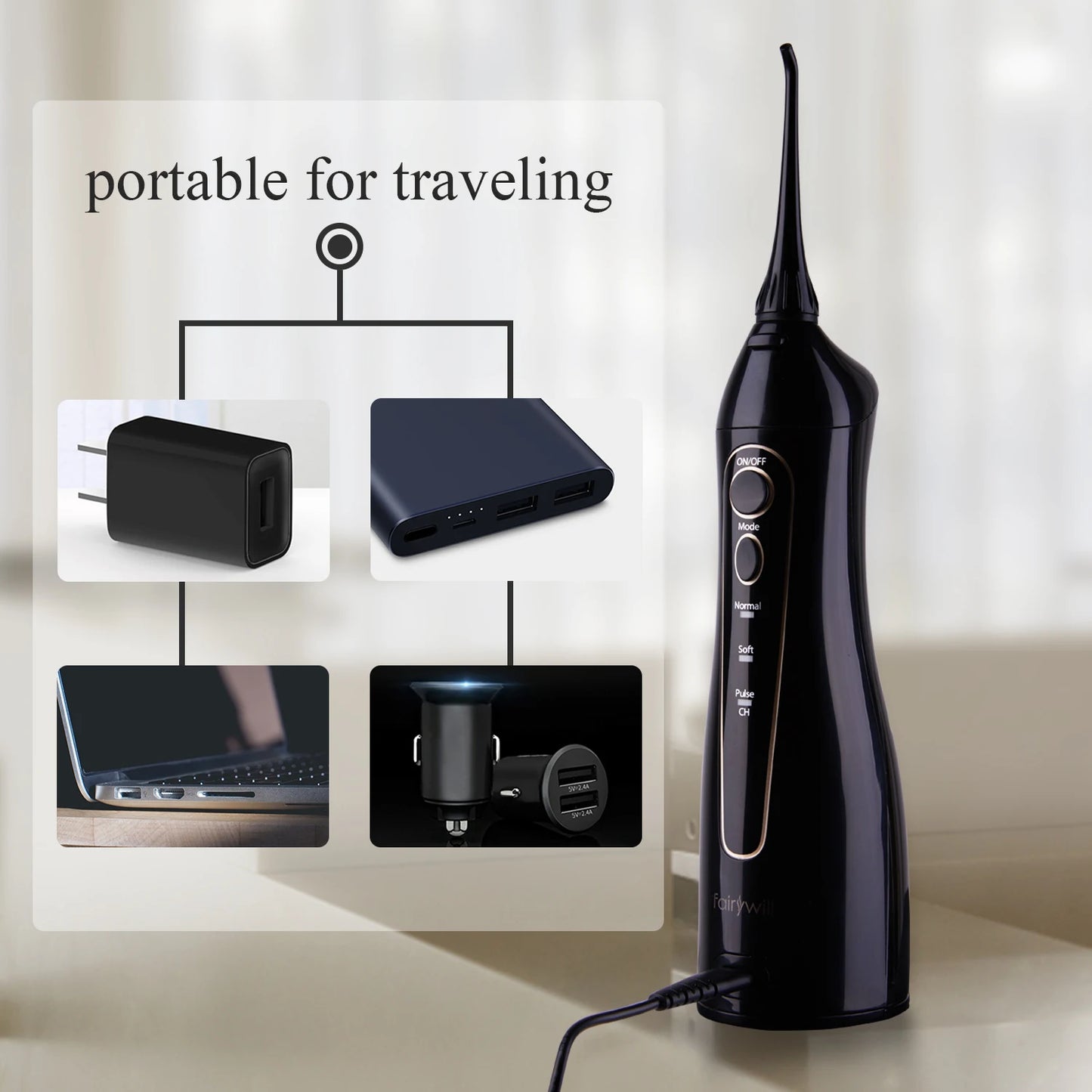 FairywillFW5020E Portable Water Flosser OralIrrigatorSystem With Three Modes Rechargeable Travel