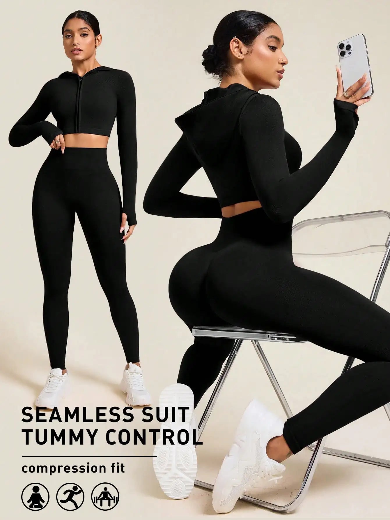 None Women's Seamless Zip Up Hoodie and Leggings Set