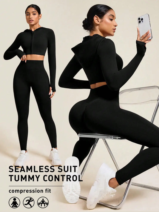 None Women's Seamless Zip Up Hoodie and Leggings Set