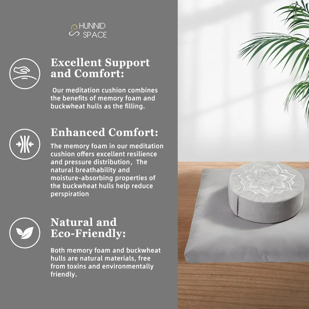 Hunnidspace MeditationPractice Zafu Cushioning Set With Buckwheat Hulls MemoryFoamCore