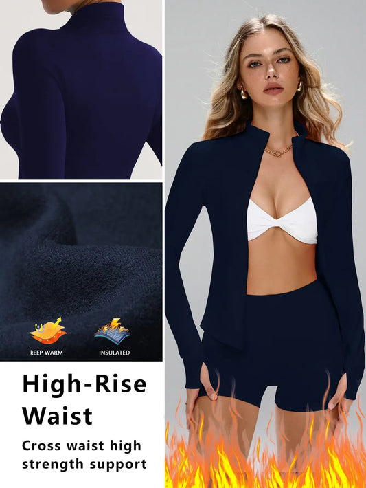 None Womens Slim Fit Yoga Jacket And Shorts Zipper