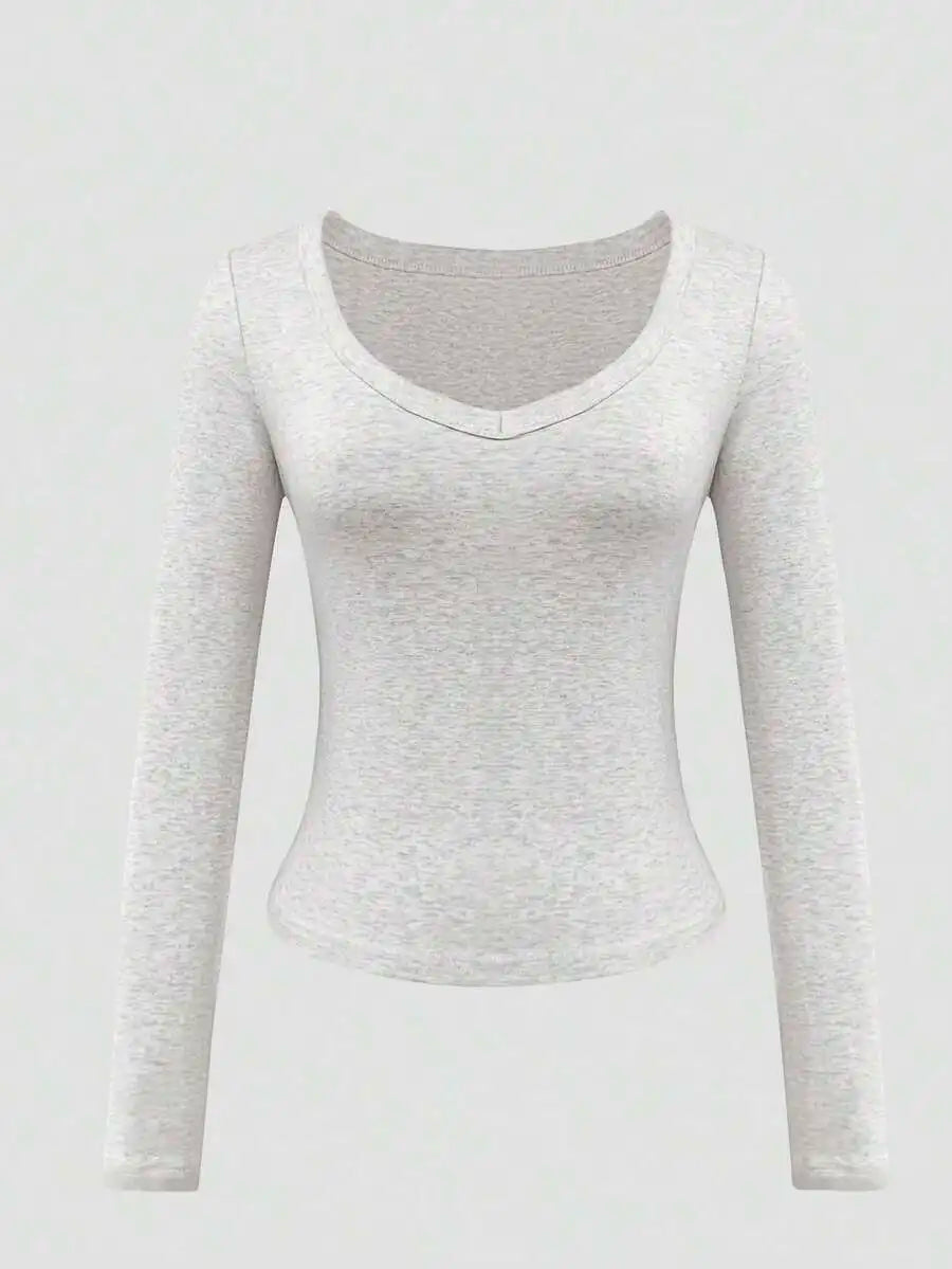 None Womens V-Neck Long Sleeve Cotton Top Soft Stretch Tee