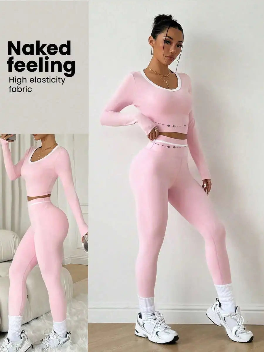 None Yoga Set High Waist Long Sleeve Crop Top Leggings