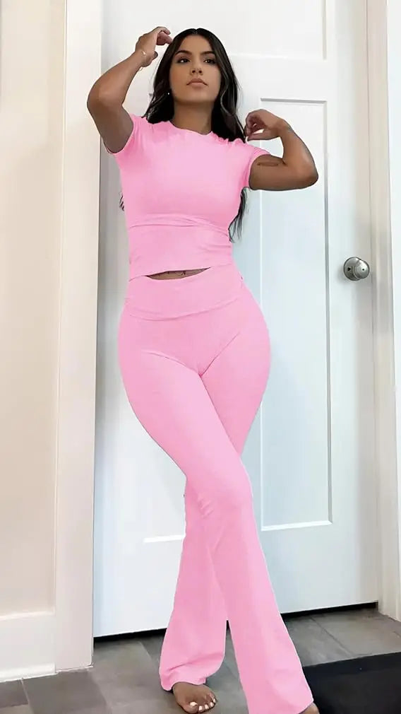 None Women Two Piece Sports Leisure Yoga Set Short Sleeve Top Flared Pants