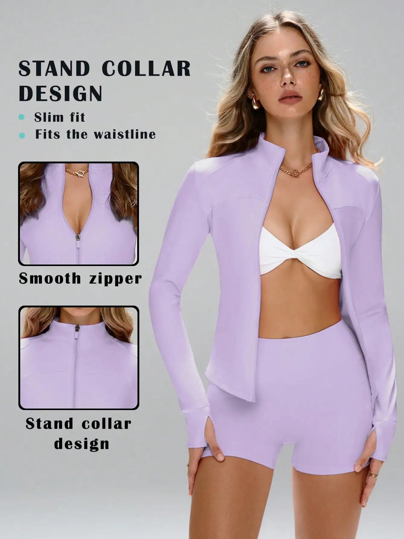 None Womens Slim Fit Yoga Jacket And Shorts Zipper