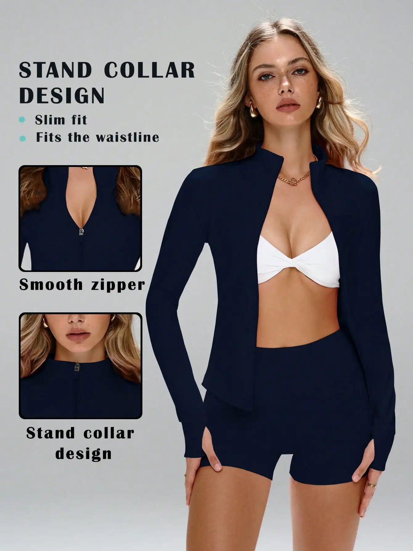 None Women's Slim Fit Sports Set Stand Collar Zipper