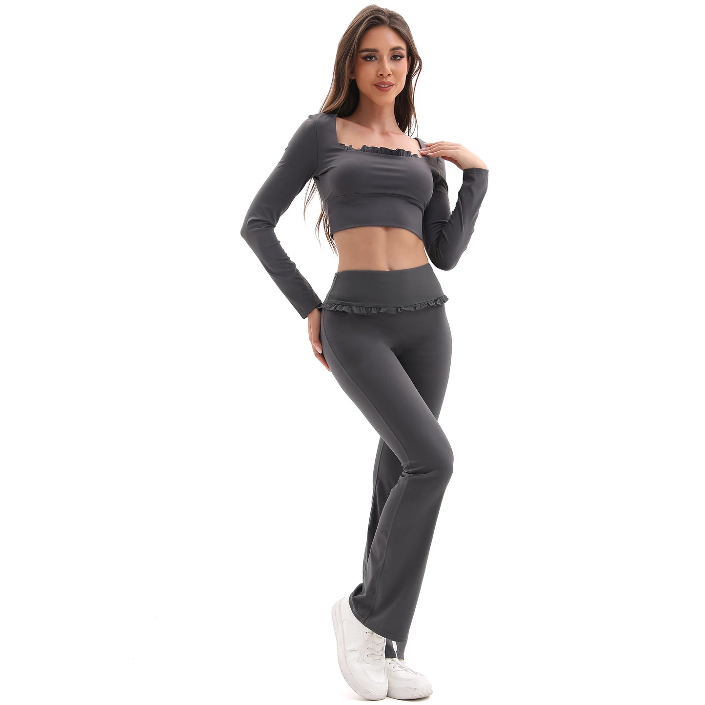 NONECN Womens Floral Lace Yoga Set High Waist Flare Pants