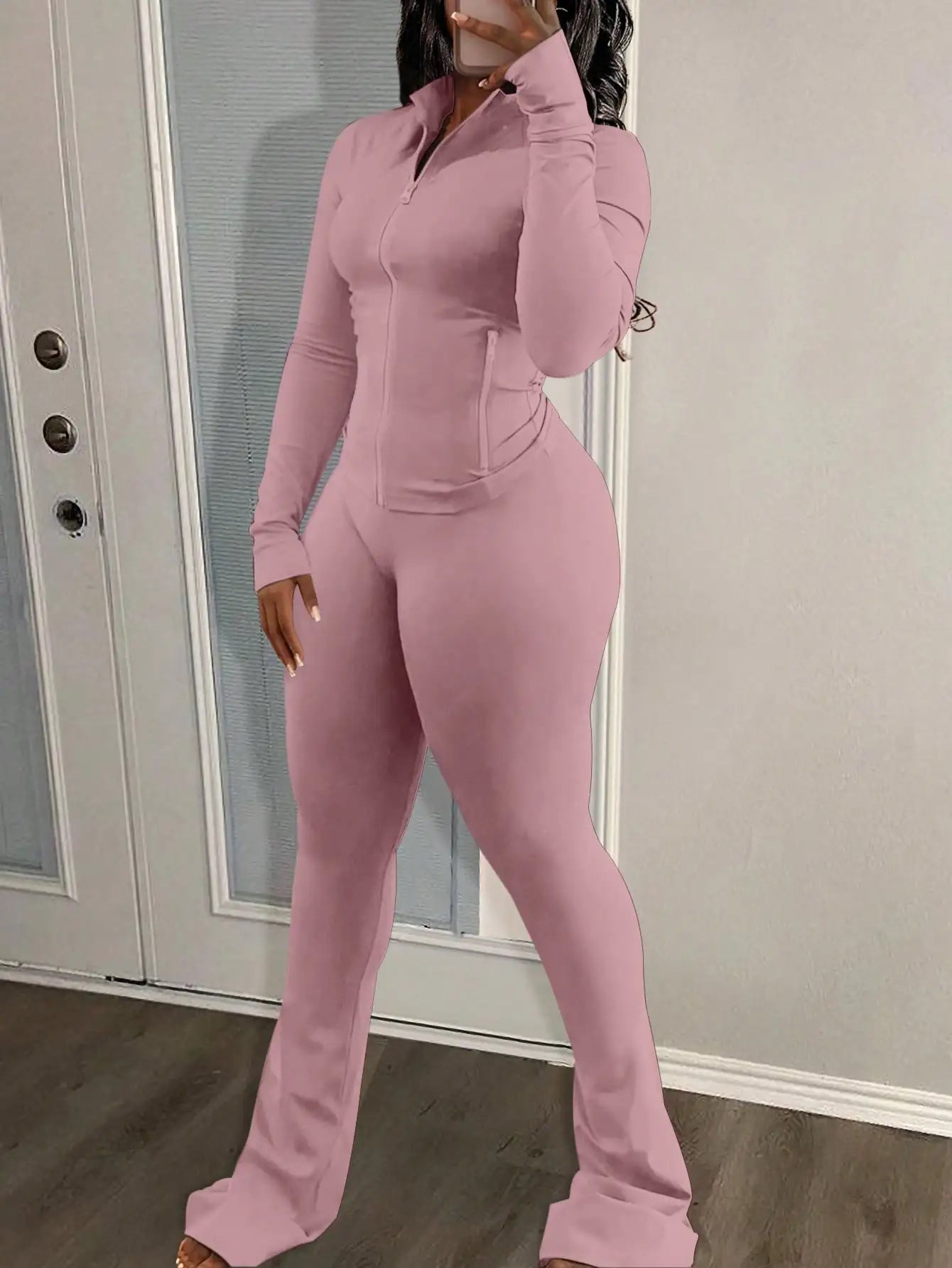 NONE ZipUp Fitted Yoga Top And Flared Leg Pants Set