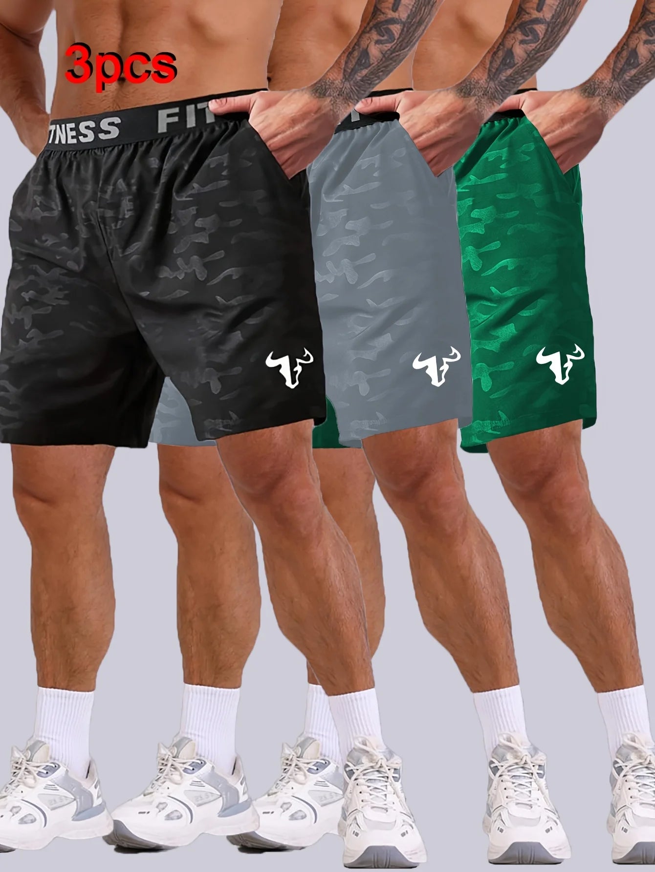 NONECN Men's Bull Print Sports Shorts 3-Piece Set