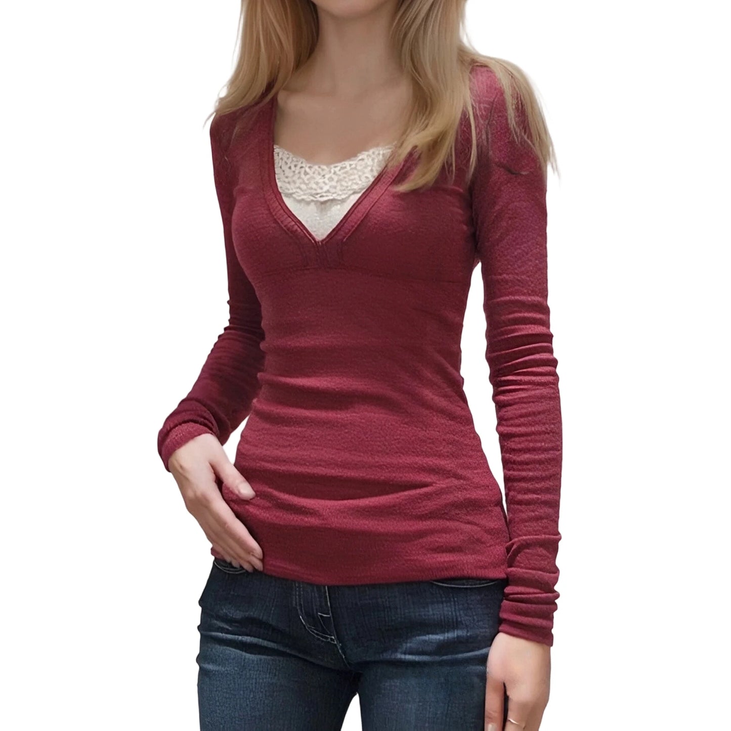 XBTCLXEBCOCN Womens V Neck Lace Patchwork Long Sleeve Pullover Top
