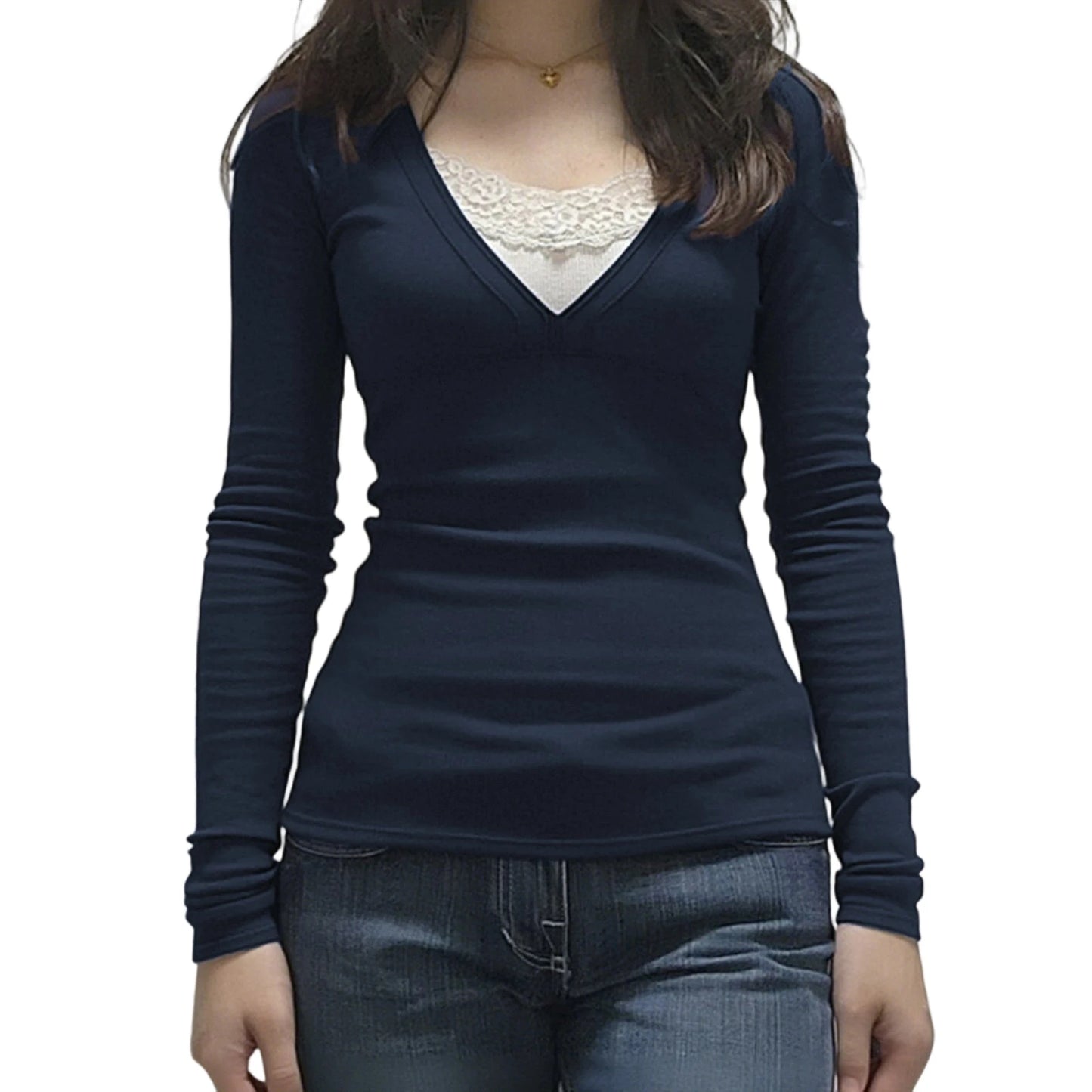 XBTCLXEBCOCN Womens V Neck Lace Patchwork Long Sleeve Pullover Top