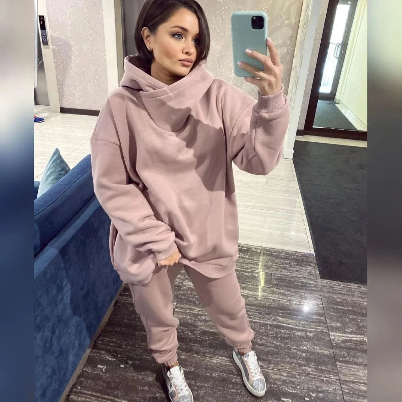 NONECN Winter Women Tracksuit Two Piece Hoodie Set Sweatpants
