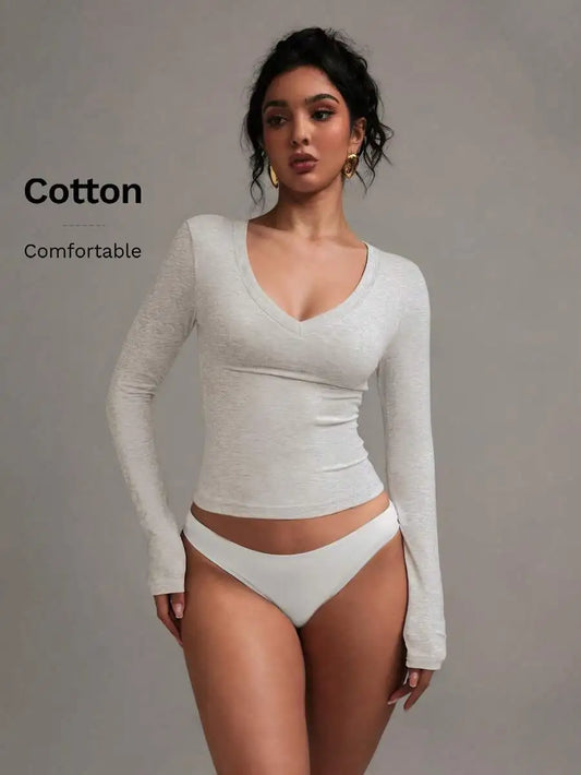 None Womens V-Neck Long Sleeve Cotton Top Soft Stretch Tee