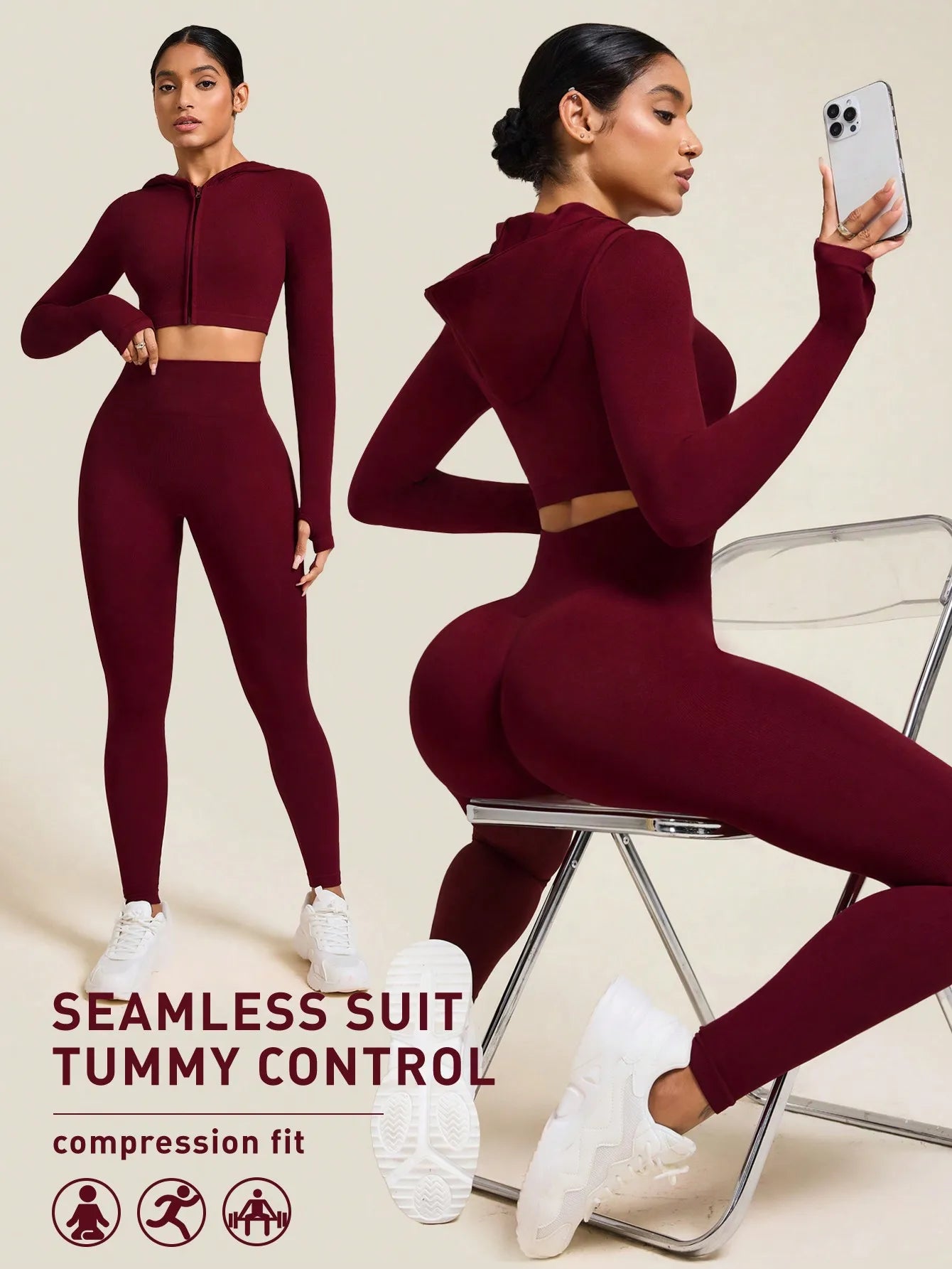 None Women's Seamless Zip Up Hoodie and Leggings Set