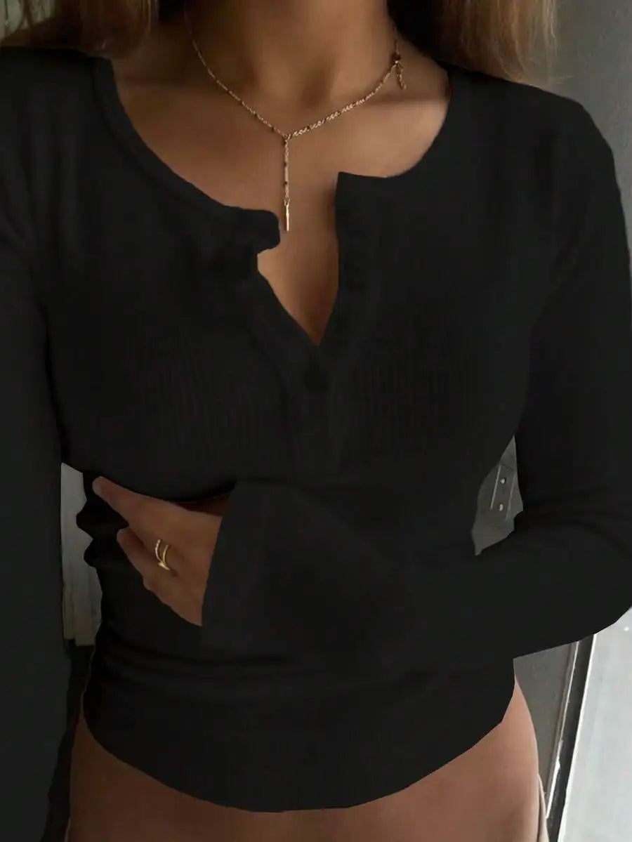 Womens Ribbed Long Sleeve Henley Top With Button Detail Casual