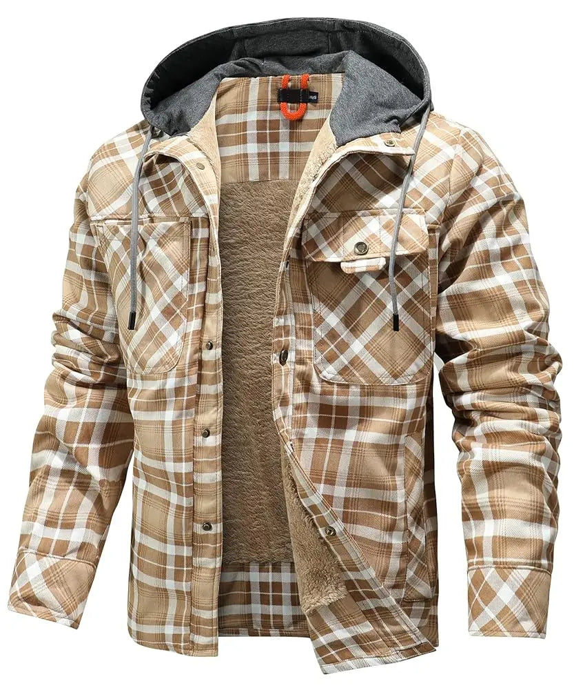 NONECN Winter Hooded Jacket Men Warm Plaid Sherpa Lined Coat