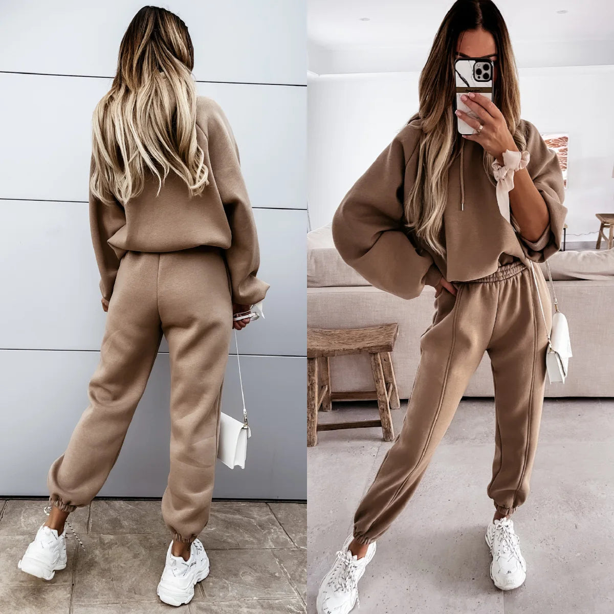 None Womens Knit Thermal Hoodies Tracksuit Set for Sport