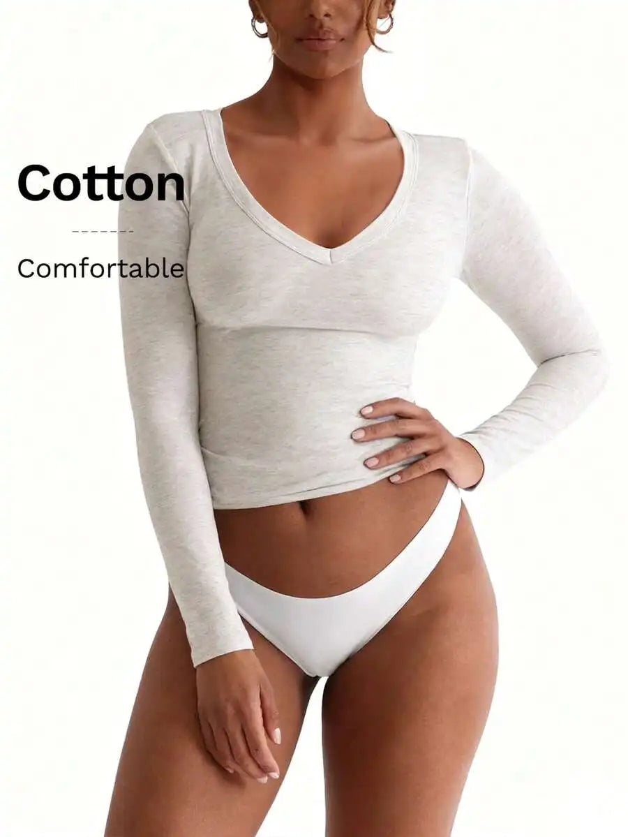 None Womens V-Neck Long Sleeve Cotton Top Soft Stretch Tee