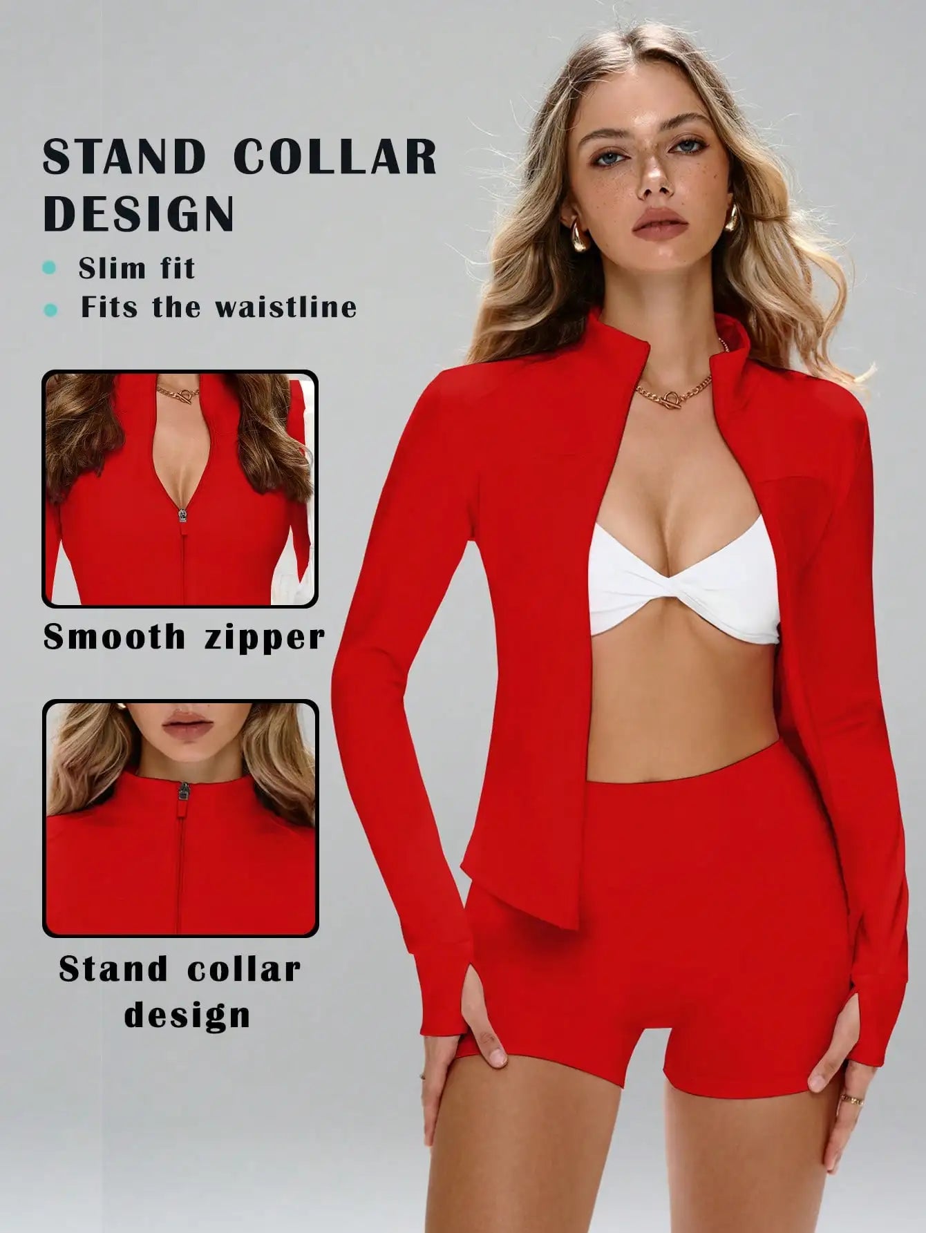 None Women's Slim Fit Sports Set Stand Collar Zipper