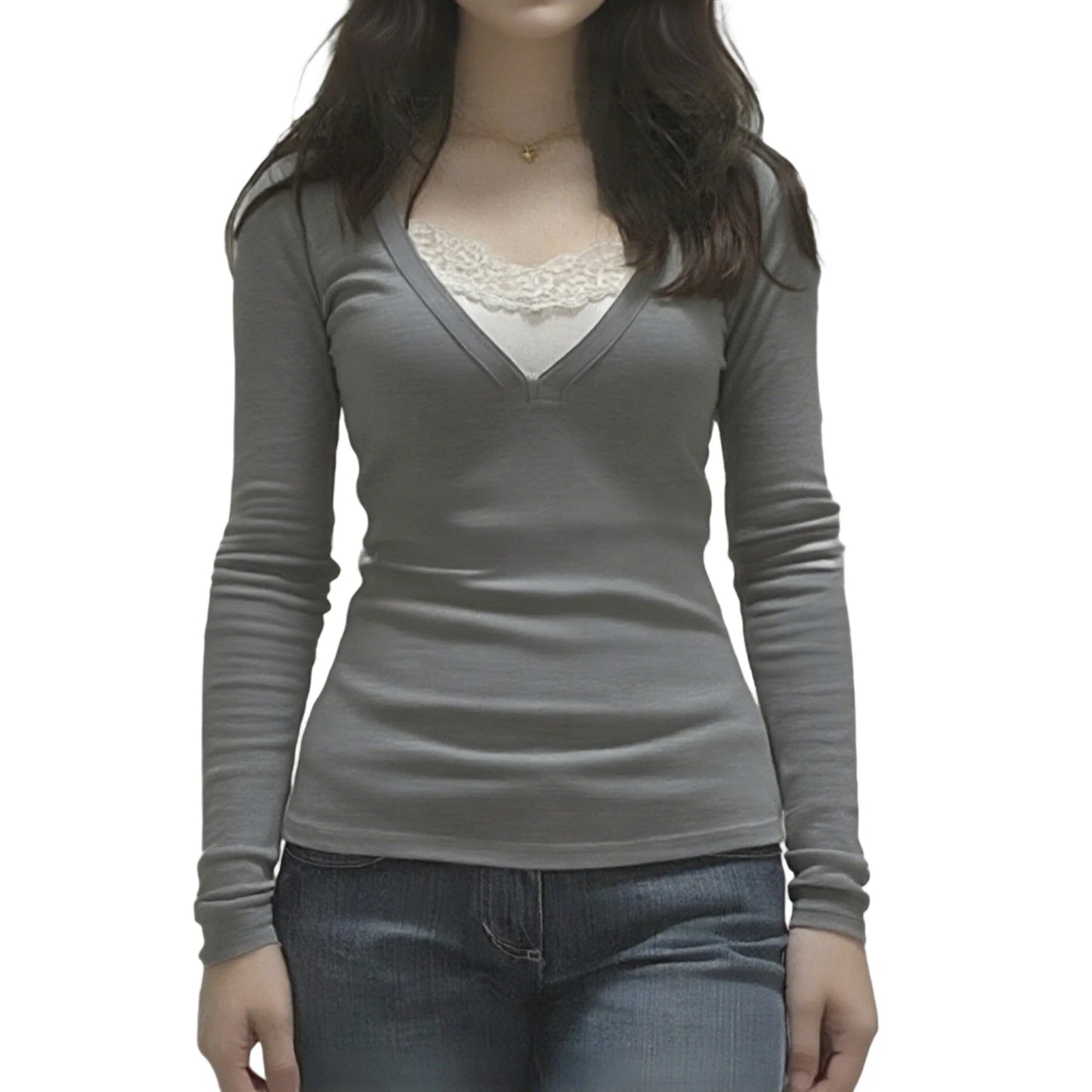 XBTCLXEBCOCN Womens V Neck Lace Patchwork Long Sleeve Pullover Top