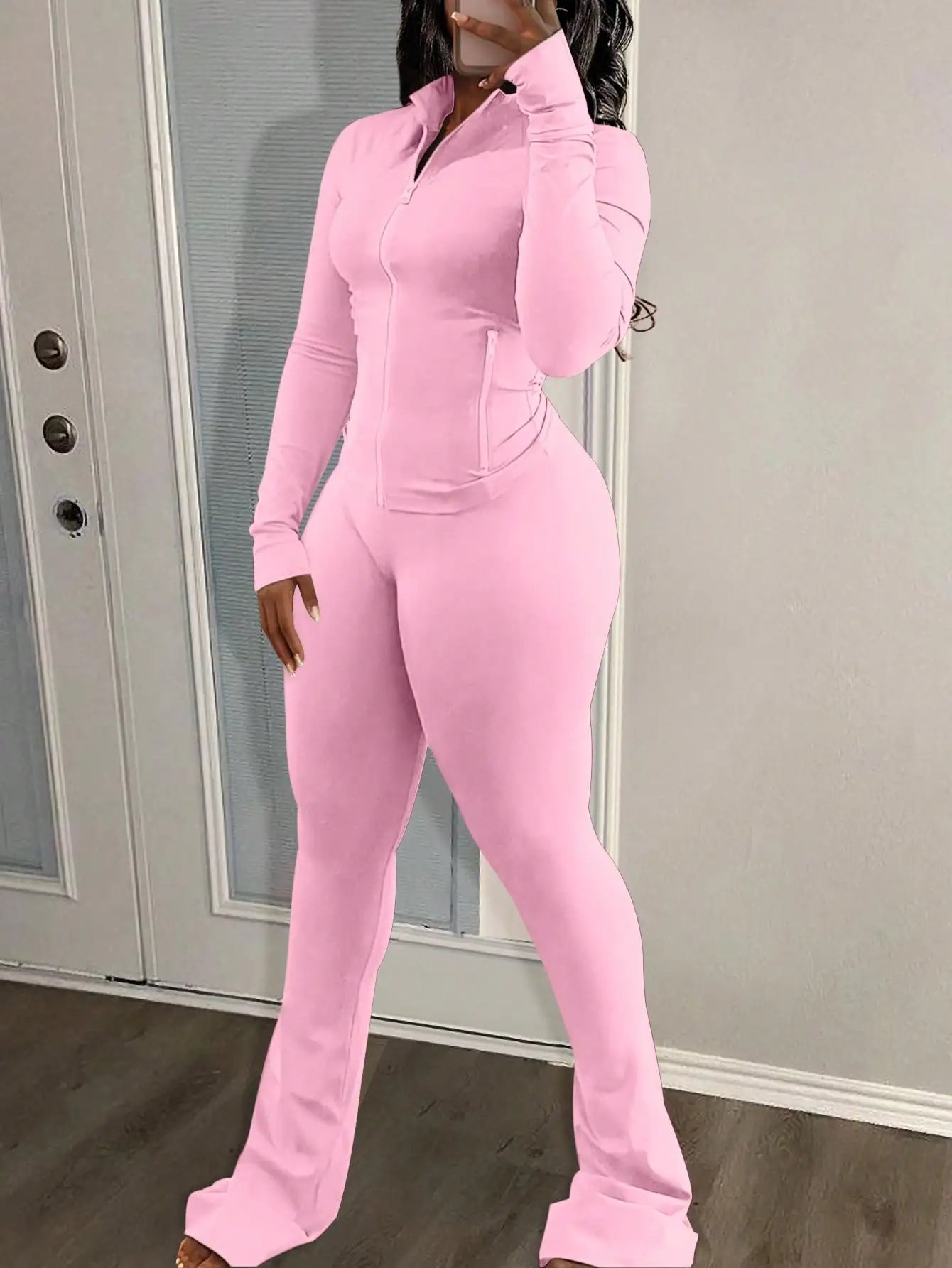 NONE ZipUp Fitted Yoga Top And Flared Leg Pants Set