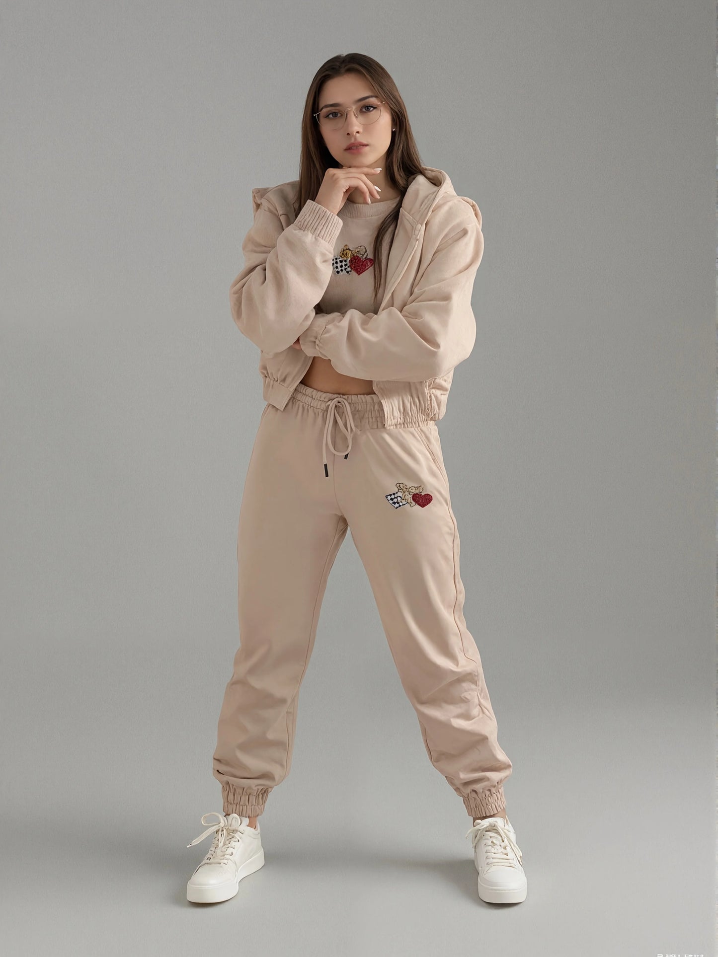 NONECN Cute Heart Pattern Sportswear Set Hoodie And Joggers