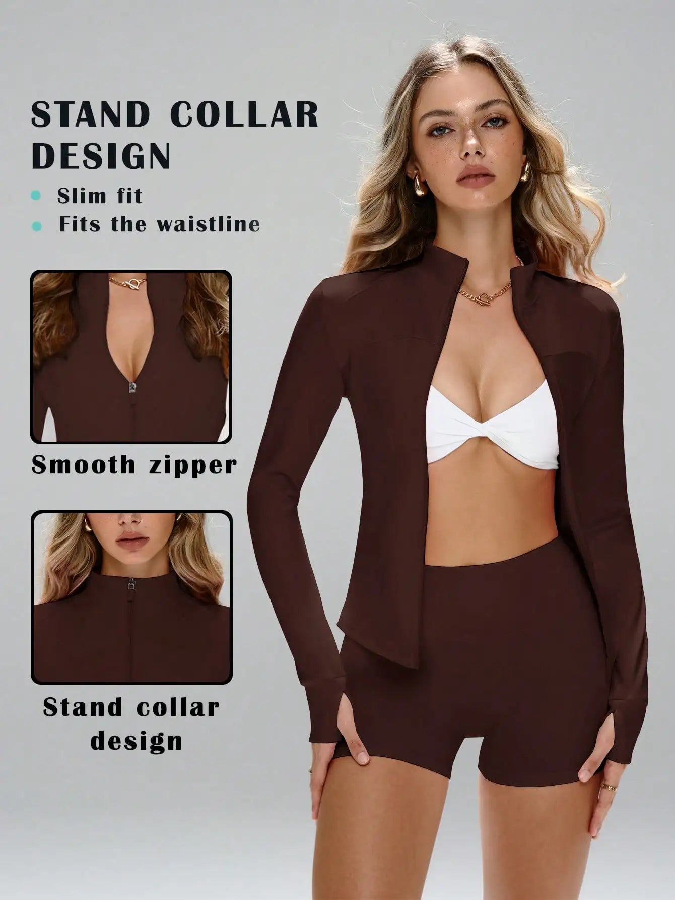 None Womens Slim Fit Yoga Jacket And Shorts Zipper