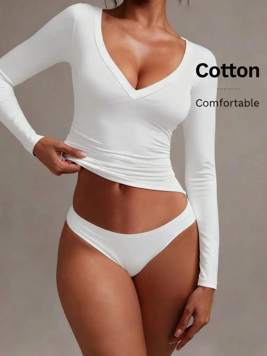 None Womens V-Neck Long Sleeve Cotton Top Soft Stretch Tee