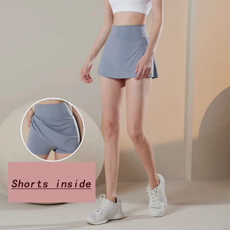 NONECN Women's High Waist Tennis Skirt With Built In Shorts