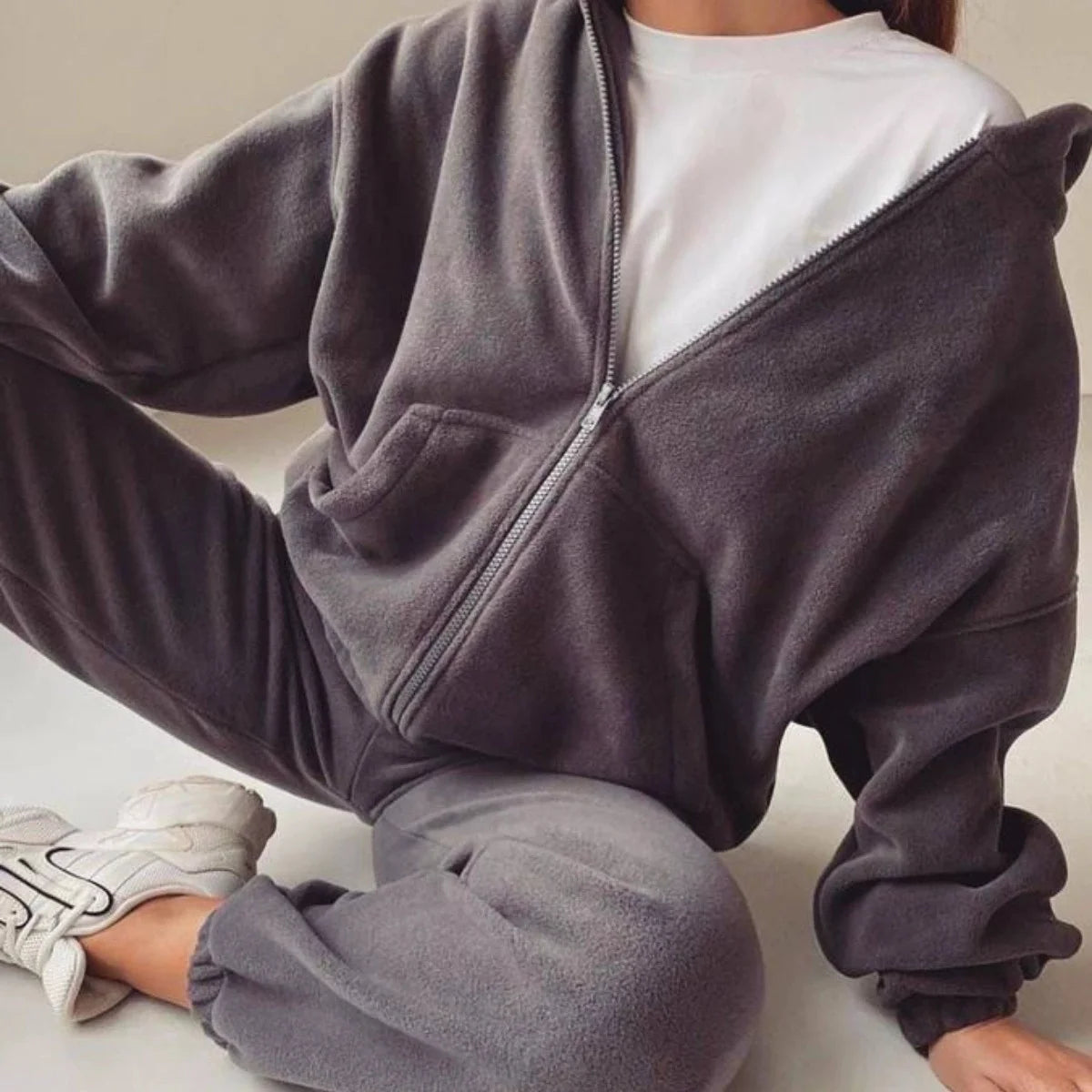 NONECN Two Piece Womens Sporty Casual Sweater Set Hooded Pullover