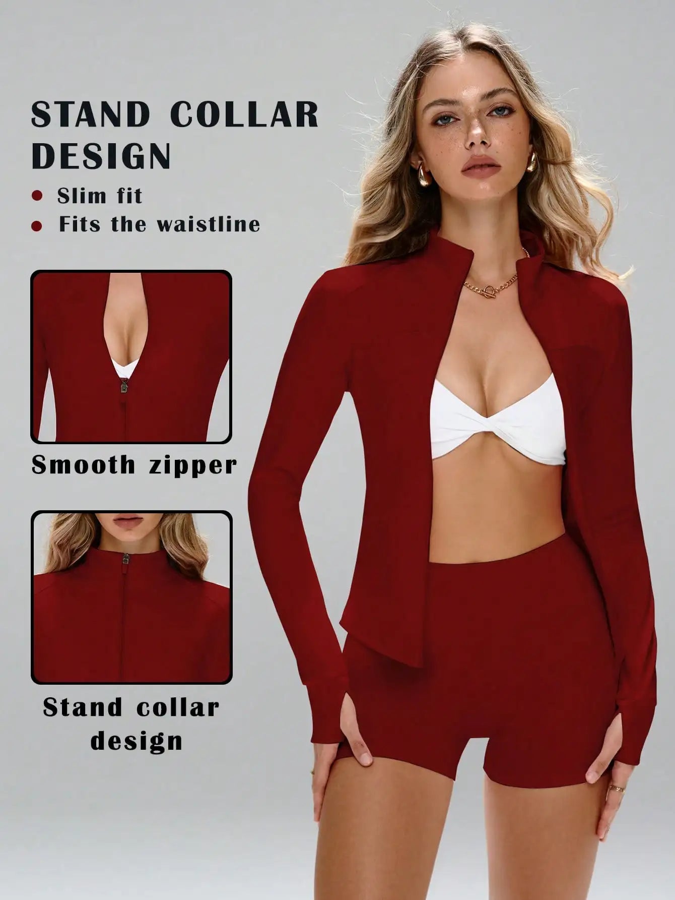 None Women's Slim Fit Sports Set Stand Collar Zipper