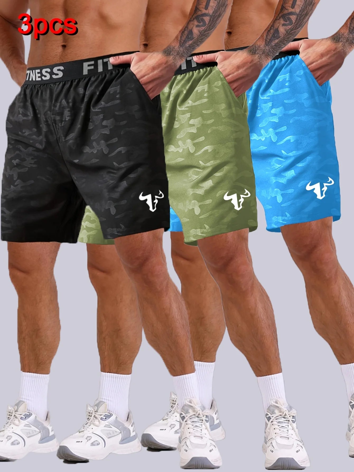 NONECN Men's Bull Print Sports Shorts 3-Piece Set