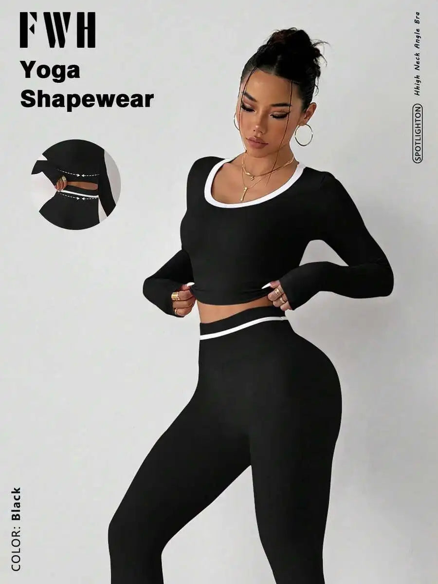 None Yoga Set High Waist Long Sleeve Crop Top Leggings