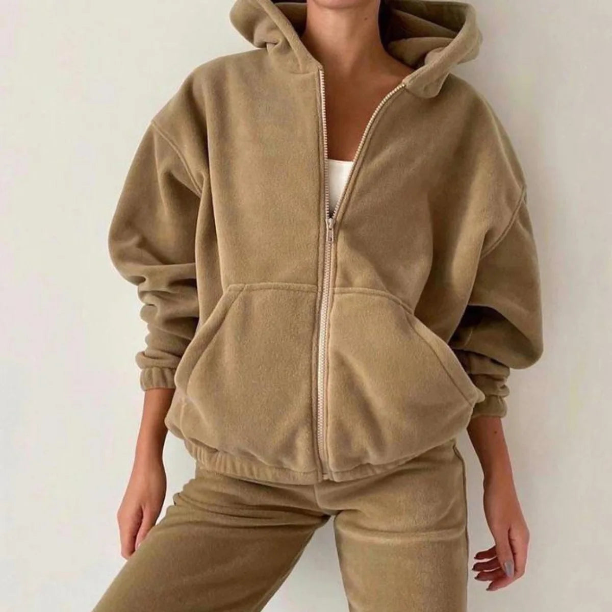 NONECN Two Piece Womens Sporty Casual Sweater Set Hooded Pullover