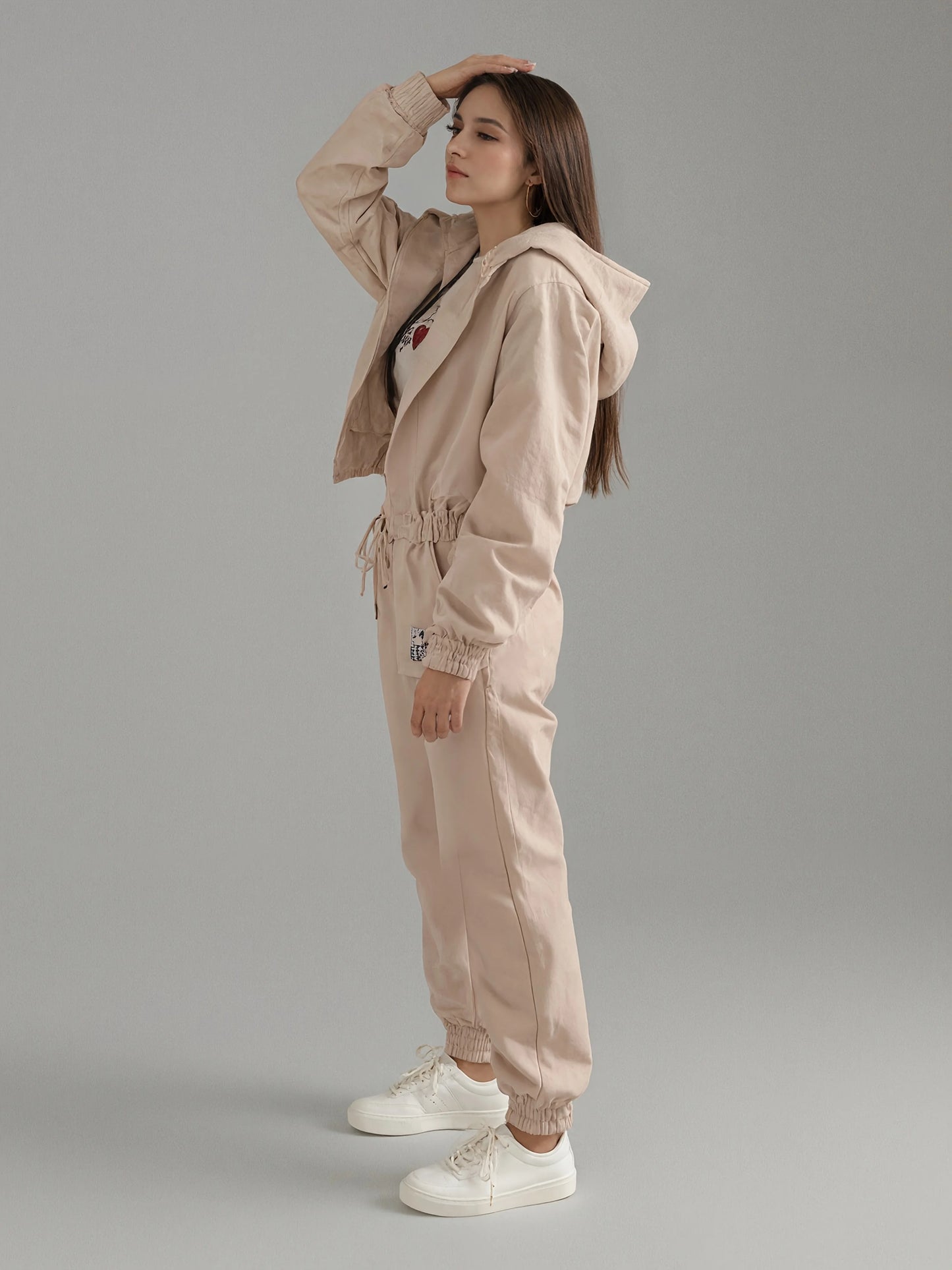 NONECN Cute Heart Pattern Sportswear Set Hoodie And Joggers