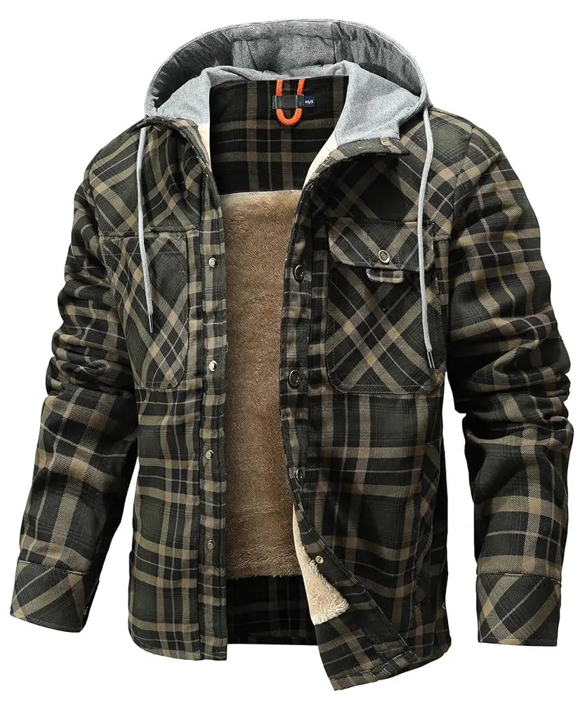 NONECN Winter Hooded Jacket Men Warm Plaid Sherpa Lined Coat