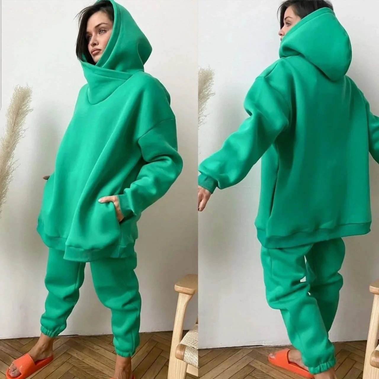 NONECN Winter Women Tracksuit Two Piece Set Hooded Sweatpants