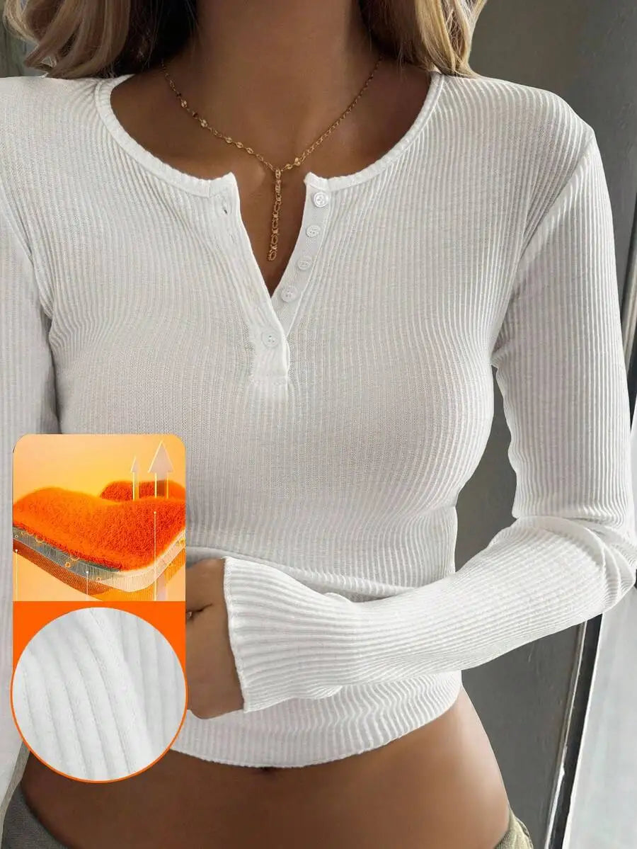 Womens Ribbed Long Sleeve Henley Top With Button Detail Casual