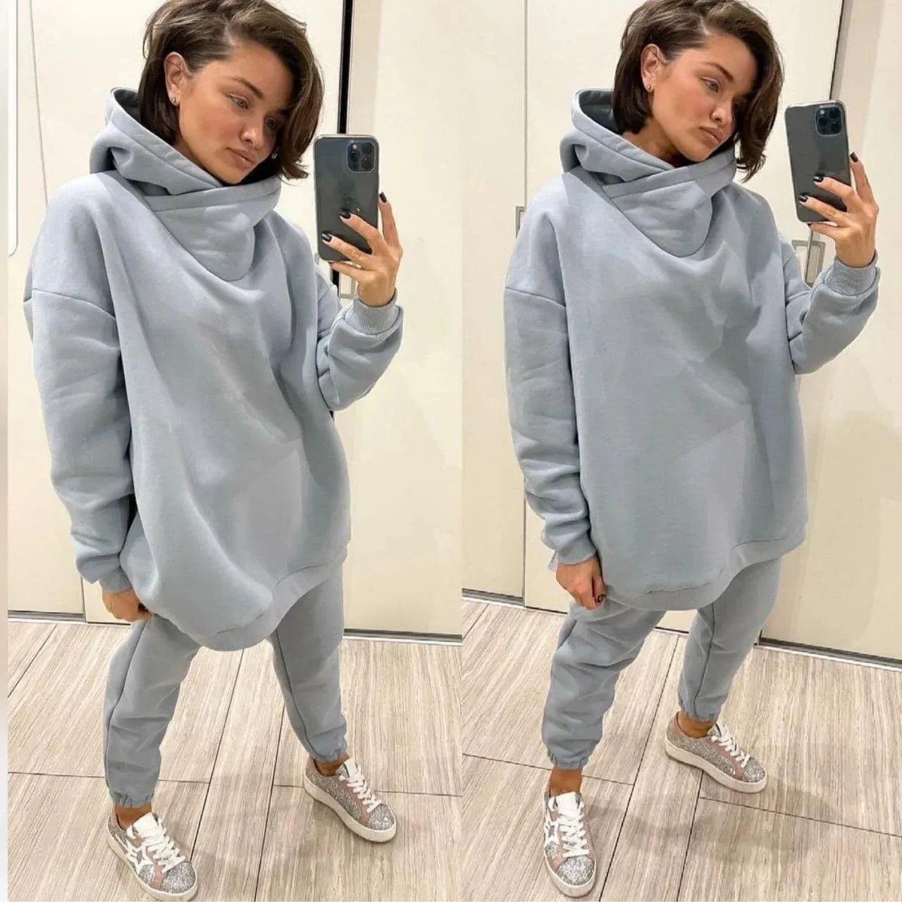 NONECN Winter Women Tracksuit Two Piece Set Hooded Sweatpants