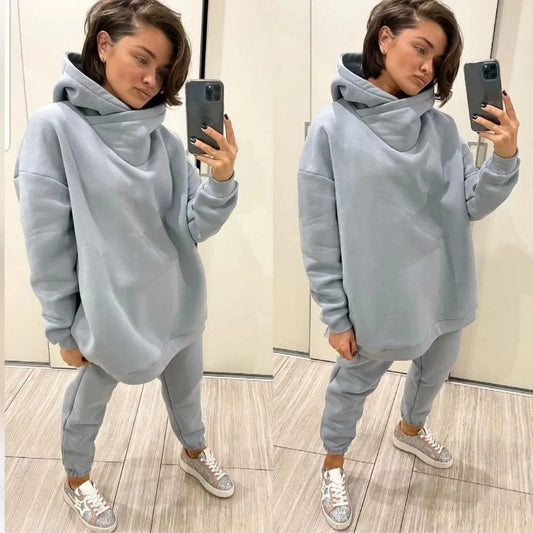 NONECN Winter Women Tracksuit Two Piece Hoodie Set Sweatpants