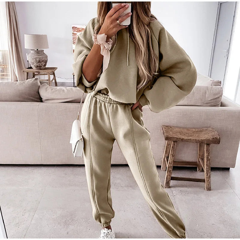 None Womens Knit Thermal Hoodies Tracksuit Set for Sport