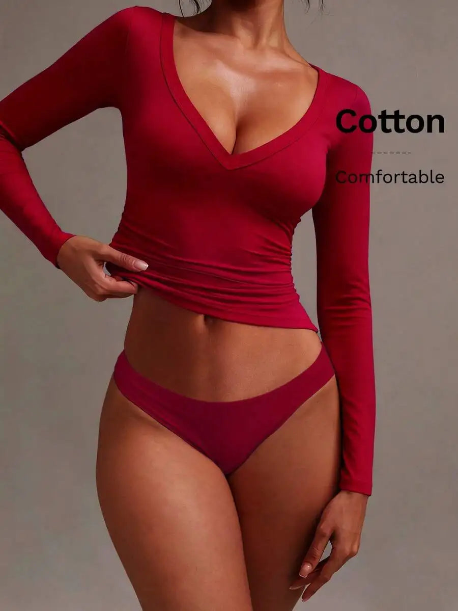 None Womens V-Neck Long Sleeve Cotton Top Soft Stretch Tee