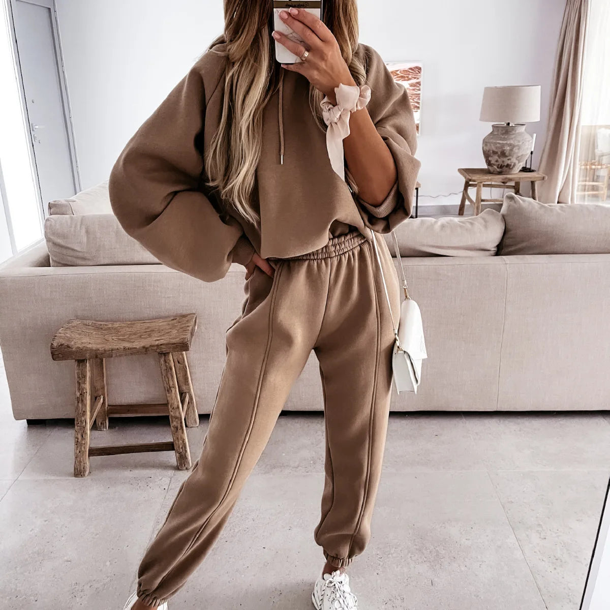 None Womens Knit Thermal Hoodies Tracksuit Set for Sport