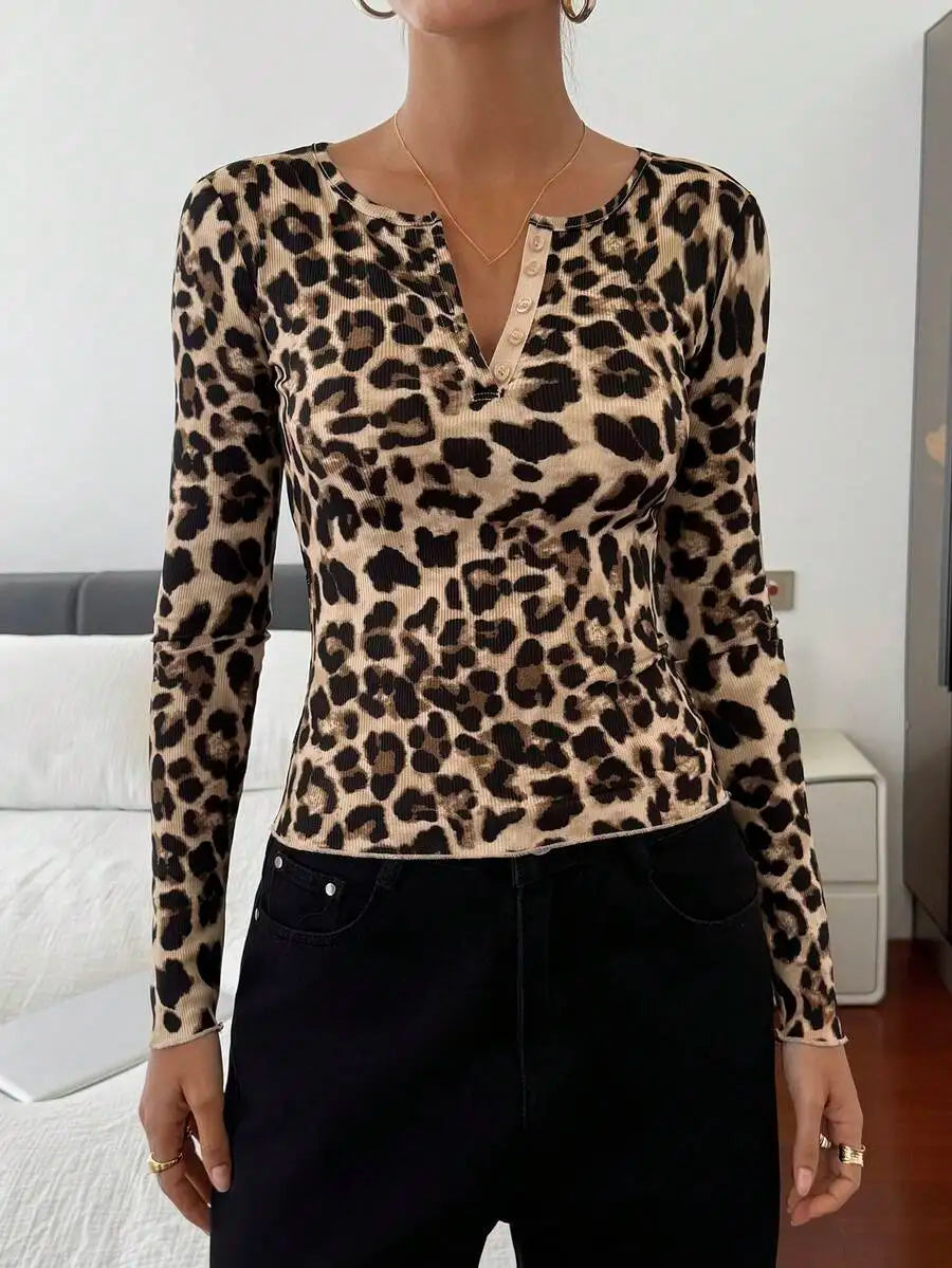 Womens Ribbed Long Sleeve Henley Top With Button Detail Casual