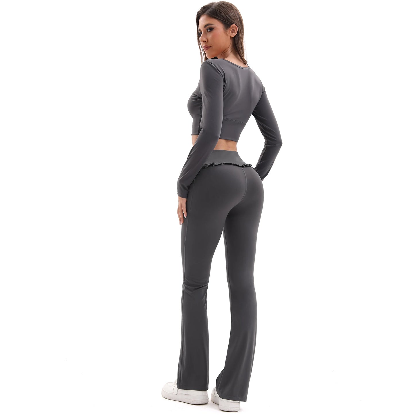 NONECN Womens Floral Lace Yoga Set High Waist Flare Pants